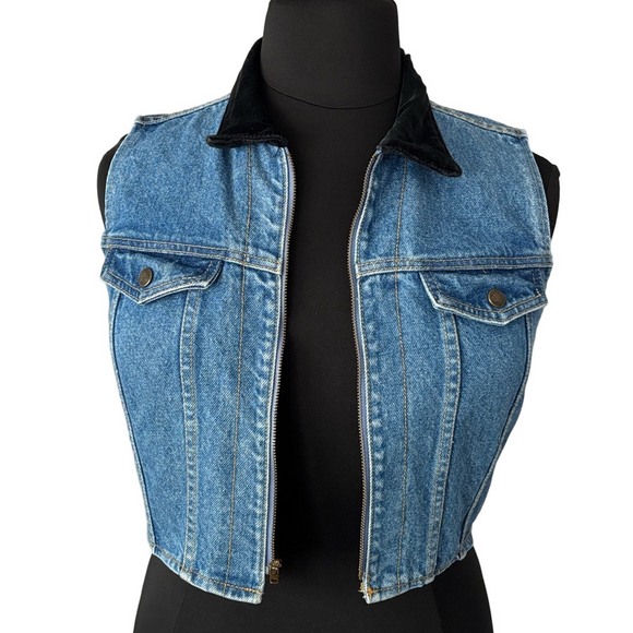 Paris Blues Original 80s Vintage Denim Fitted Zip Vest Black Velvet Collar - Picture 3 of 8